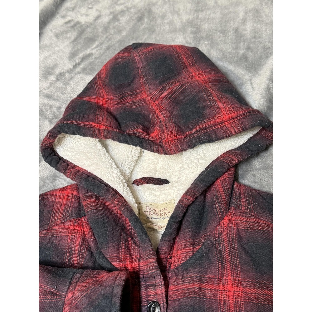 Boston Traders Shacket Mens Large Red Plaid Sherpa Lined Hooded Flannel Jacket - Picture 2 of 12